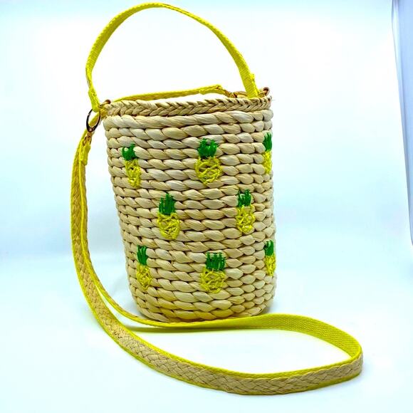 Rachel Ashwell Purse Straw Rattan Jute Pineapples Bucket Crossbody Shoulder Boho - Picture 2 of 9